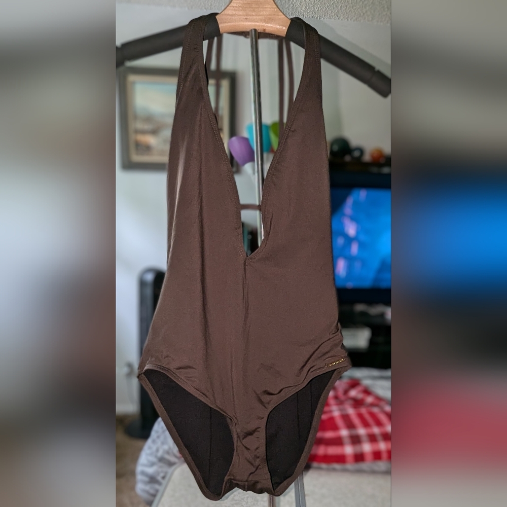 Vince Camuto Dark Brown Fabric with Gold Accent